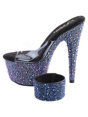 7" Rhinestone Stiletto High Heels - 2 3/4" Platform Slide On Mules